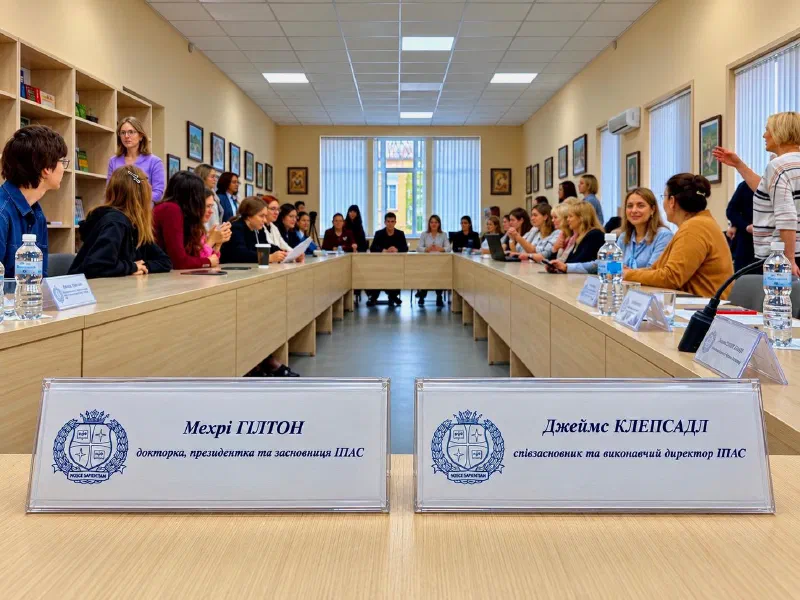 Name cards for Dr. Mehri Hilton and JC Clapsaddle, in Ukrainian, on the seminar table as participants gather.